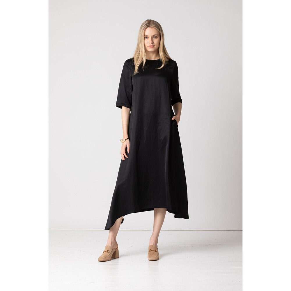 Lunella Aries Black Asymmetrical Midi Dress L Pockets Minimalist Chic Lagenlook